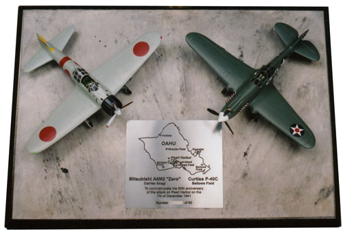 Pearl Harbor 1941 Curtiss P-40 and Mitsubishi A6M2 'Zero' 1/72 scale pewter limited edition aircraft model. Handmade by Staples and Vine Ltd.